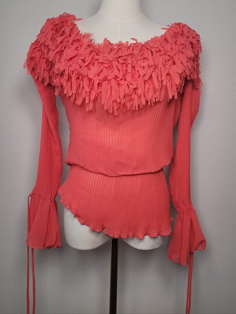 Kaelyn Max II 3X Coral Off Shoulder Fringe Pleated Top Flared Bell Sleeve Blouse